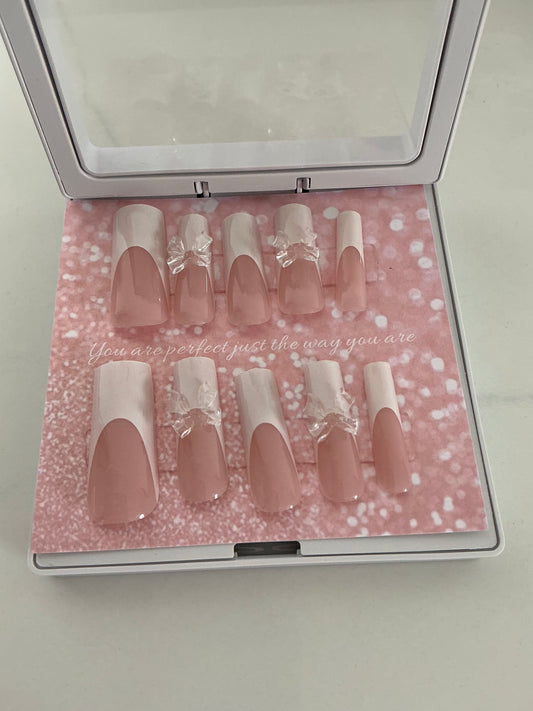 White Bow Square French Press on Nails