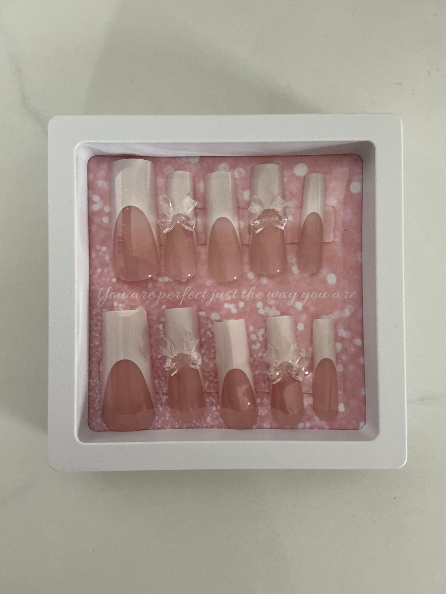 White Bow Square French Press on Nails