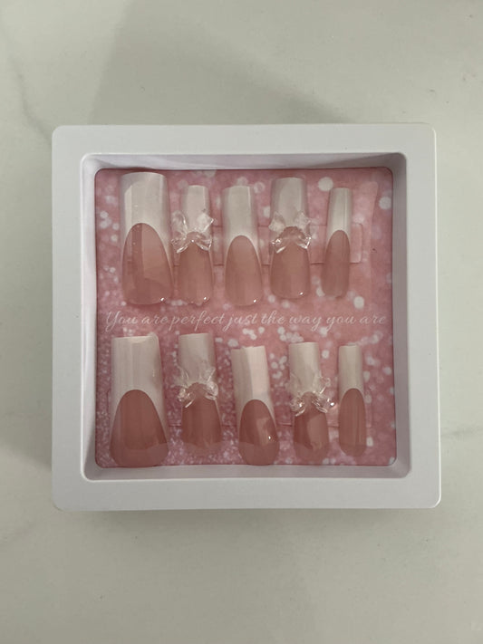 White Bow Square French Press on Nails